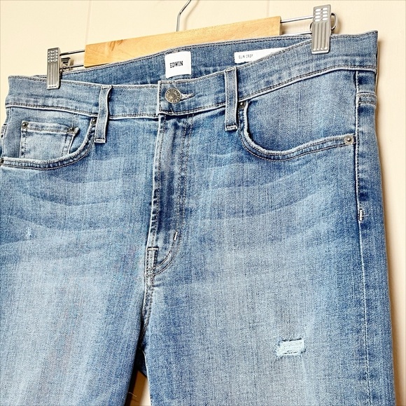 Edwin Elin Crop Straight Jeans 32 14 distressed stretch medium wash blue denim - Picture 3 of 14